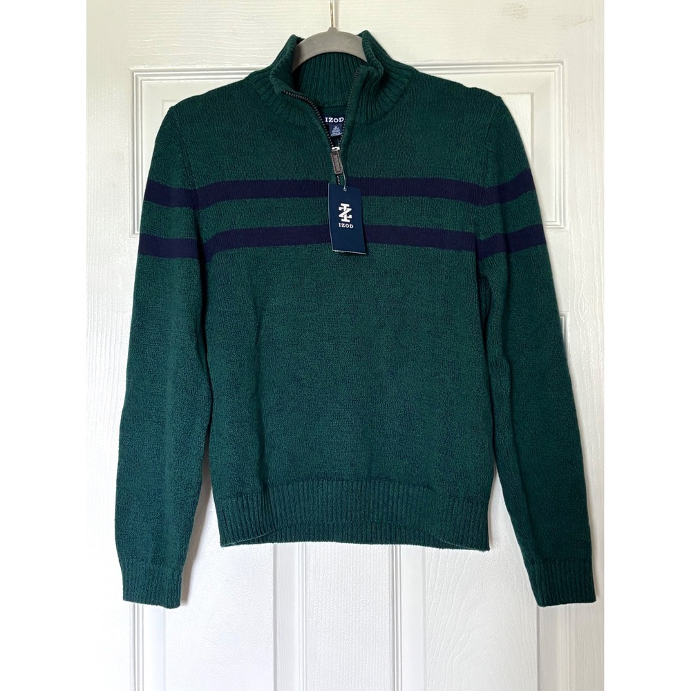 IZOD Boys Green Navy Blue Striped Quarter Zip Pullover Sweater Size M 10/12 NWT